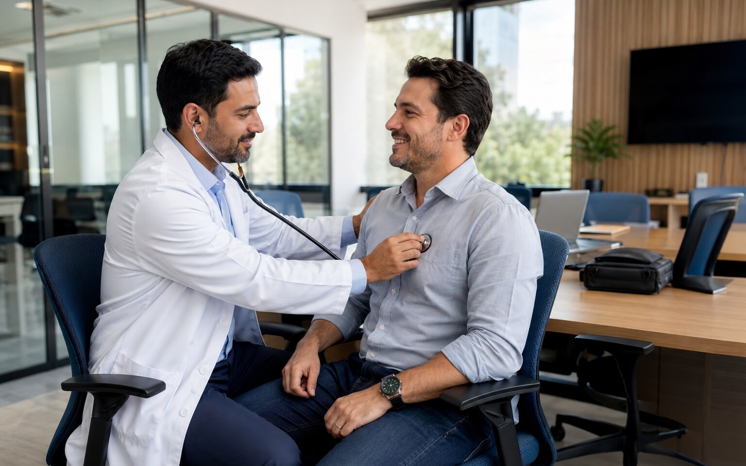 Médico realizando atendimento ocupacional em uma sala da empresa